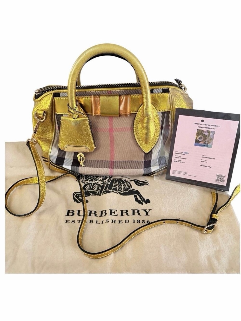 Burberry Prorsum Metallic Gold House Check Leather Bowling Bag w/ Lock & Key COA